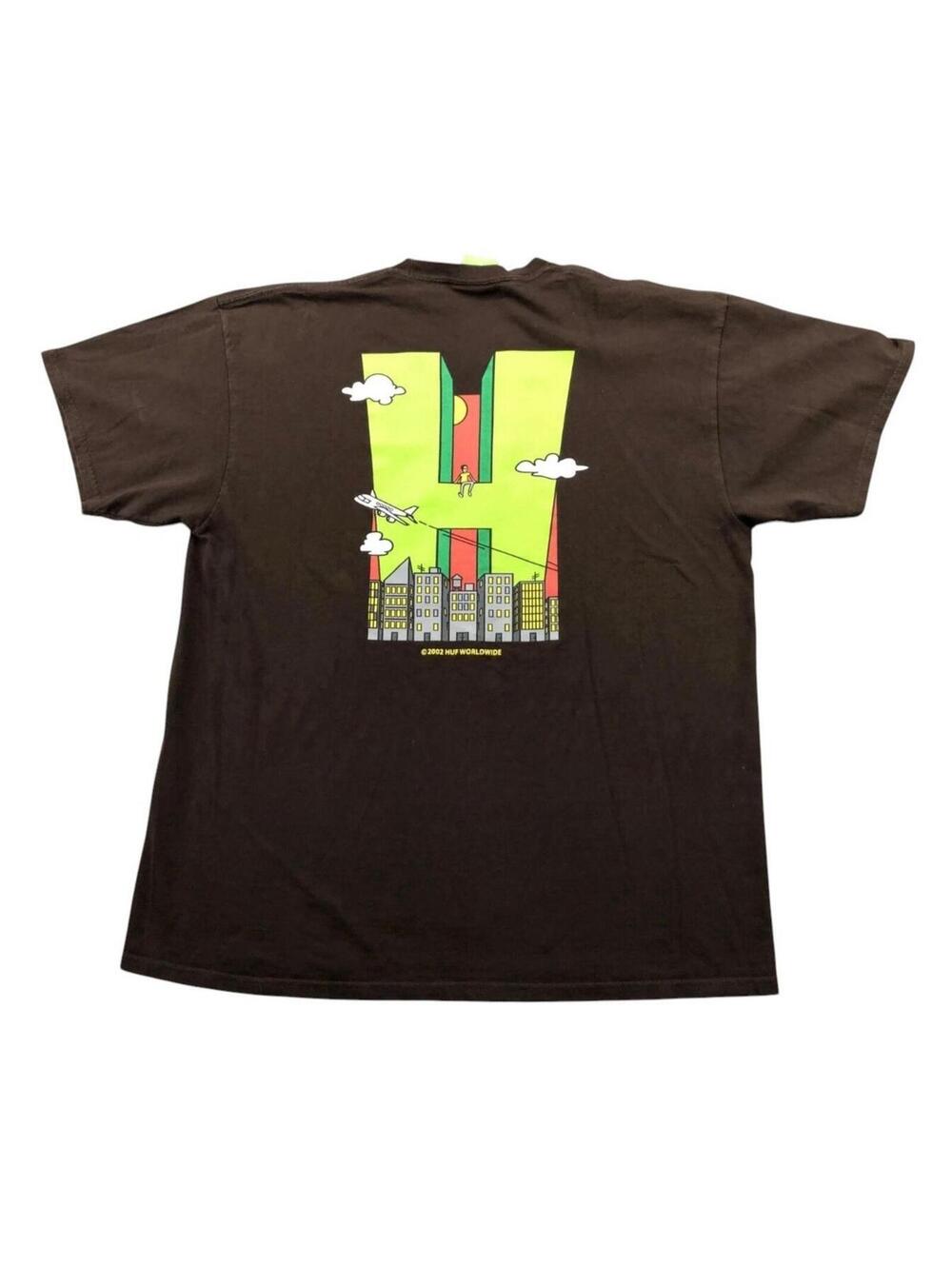 Vintage HUF Shirt Mens XL Brown City Skyline Airplane Skate Urban Streetwear